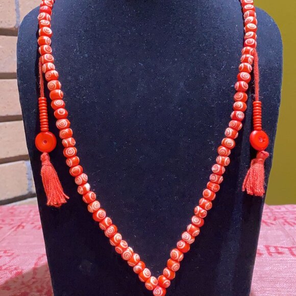 Katmandu Trading Company Jewelry - Water Buffalo Bone Etched Mandala Mala - Dark Orange